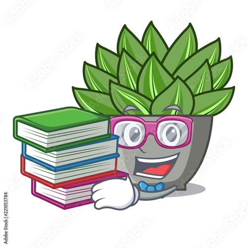 Student with book cartoon echeveria cactus in cactus garden