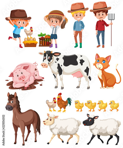 Farmer and animals on white background