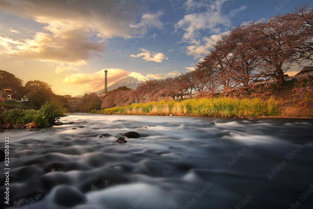 Beautiful scenery of Mountain Fuji and movement of water at Uruigawa river in Japan. This is a very popular for photographers and tourists. Travel and natural Concept