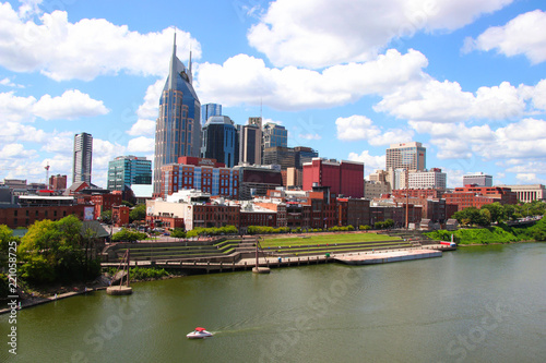 View of Nashville Tennessee skyline and cumberline river from the pedestrian bridge