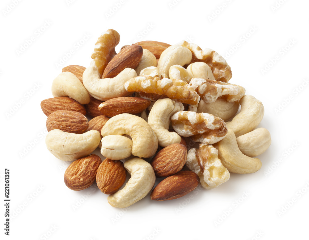 Assorted mixed nuts on white background Assorted mixed nuts on white background