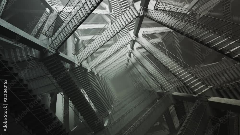 Brutalist stair maze descent loop. Bright white light and foggy atmosphere. 4KHD