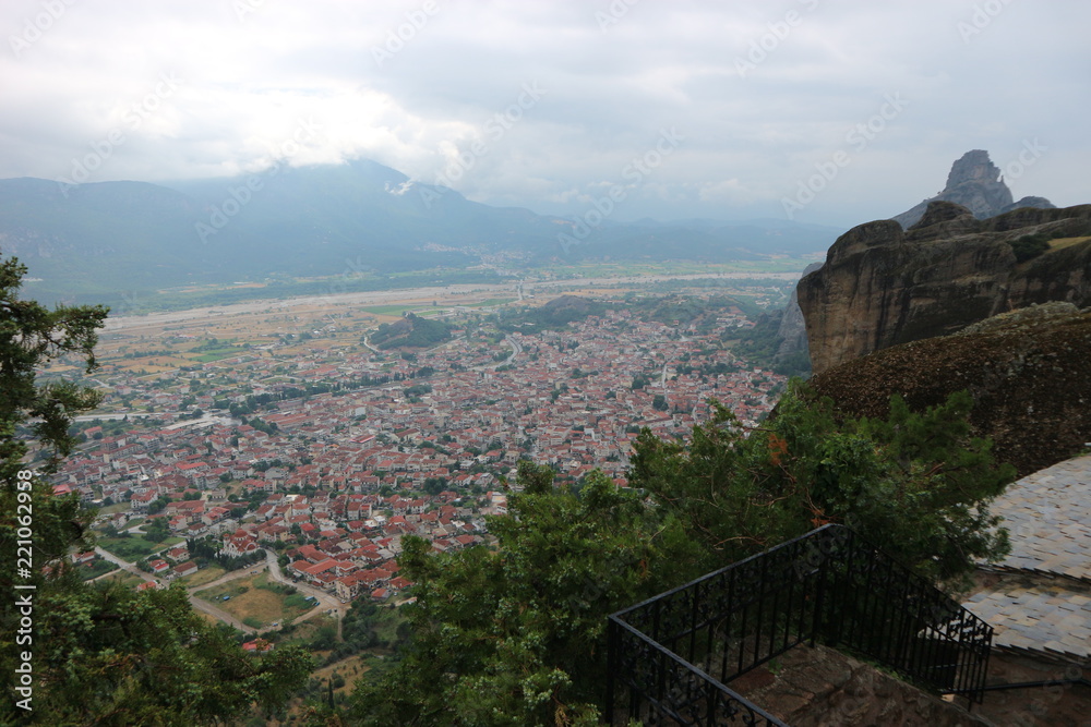 Fototapeta premium View to city of Kalabaka from the Monastery of saint Stephen, Meteora, Thessaly, Greece