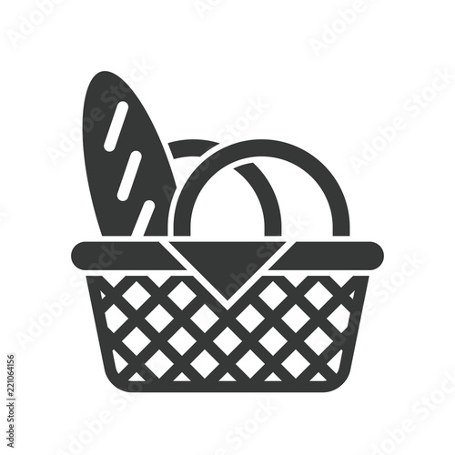 picnic basket and bread, food and beverage set, glyph design icon