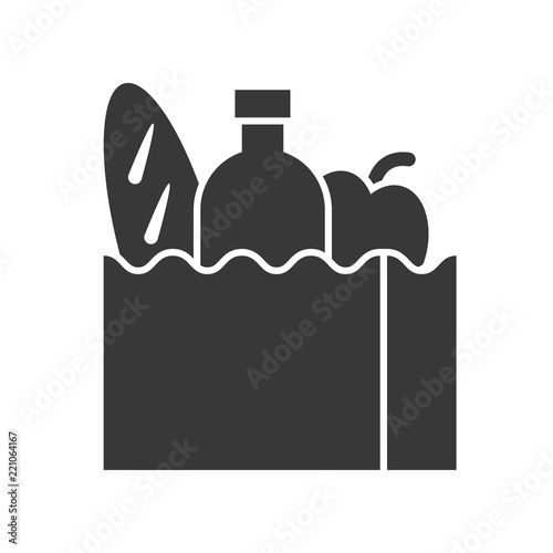 grocery bag with bread, water bottle and apple, food and beverage set, glyph design icon