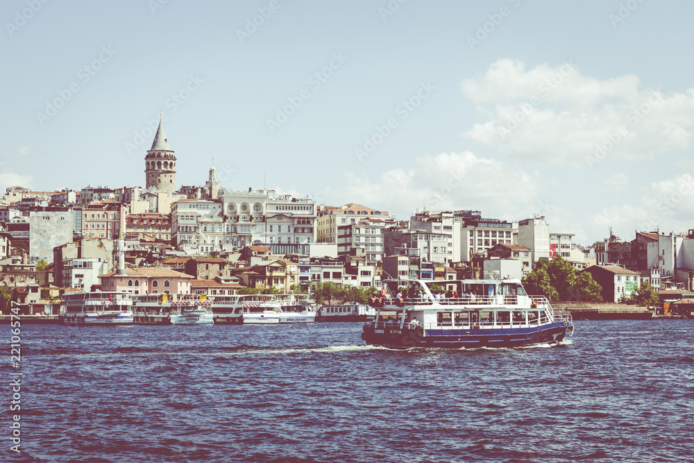 Cityscape with Galata Tower and Gulf of the Golden Horn in Istanbul, Turkey.