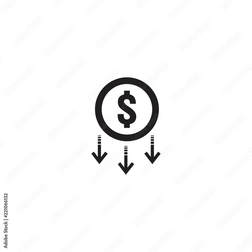arrow decrease icon. dollar money fall down symbol. economy stretching rising drop. Business lost crisis decrease. cost reduction bankrupt icon. vector illustration arrow decrease icon. dollar money fall down symbol. economy stretching rising drop. Business lost crisis decrease. cost reduction bankrupt icon. vector illustration