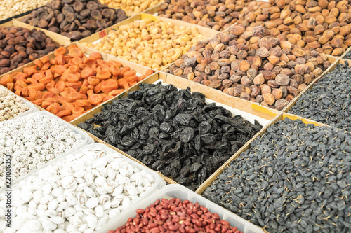 Dried fruits and nuts on local food market in Tashkent, Uzbekistan