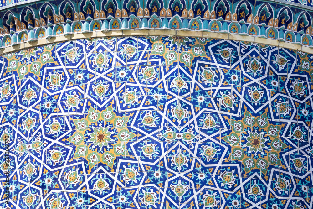 Decorated dome at Barak Khan madrasah. Hast Imam Square (Hazrati Imam) is a religious center of Tashkent.