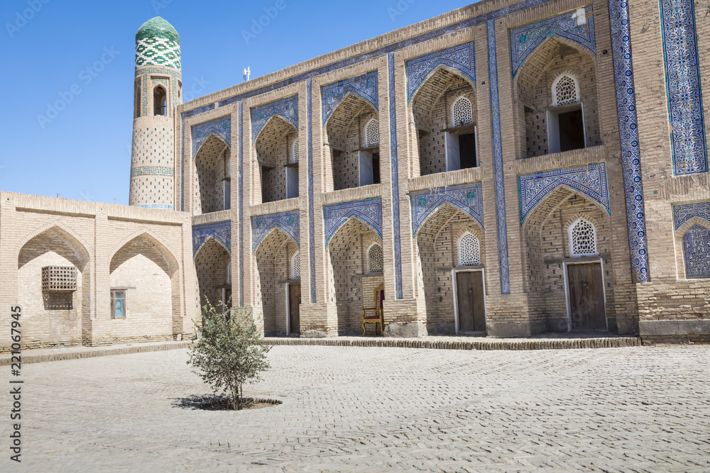 Historic buildings at Itchan Kala fortress in the historic center of Khiva. UNESCO world heritage site in Uzbekistan, Central Asia