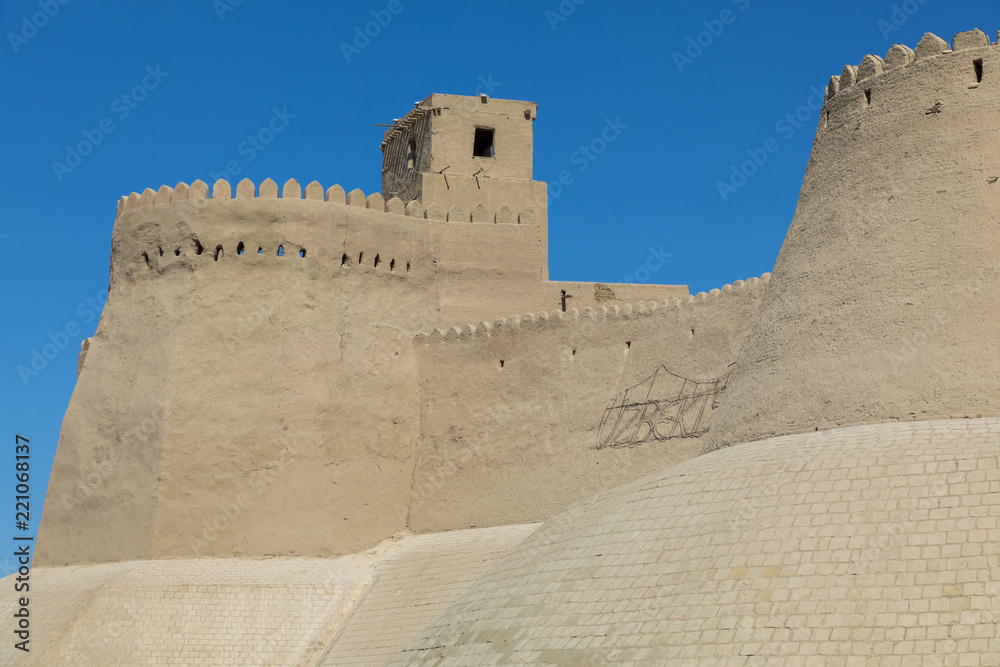 City walls of the ancient city of Khiva. UNESCO world heritage site in Uzbekistan, Central Asia.