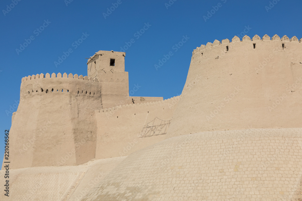 City walls of the ancient city of Khiva. UNESCO world heritage site in Uzbekistan, Central Asia.