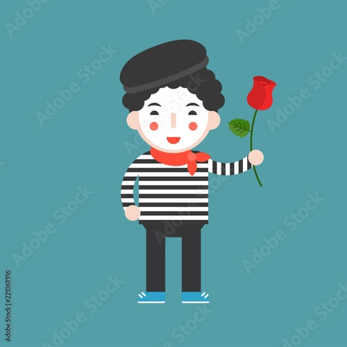 mime artist with rose, cute character, flat design
