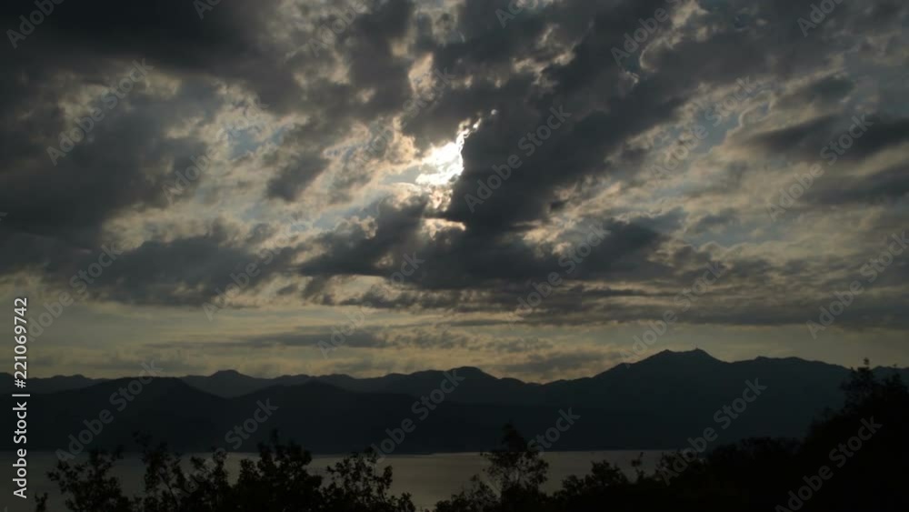 Movement of clouds cape and sunlight over the bay, Bay of Kotor Montenegro