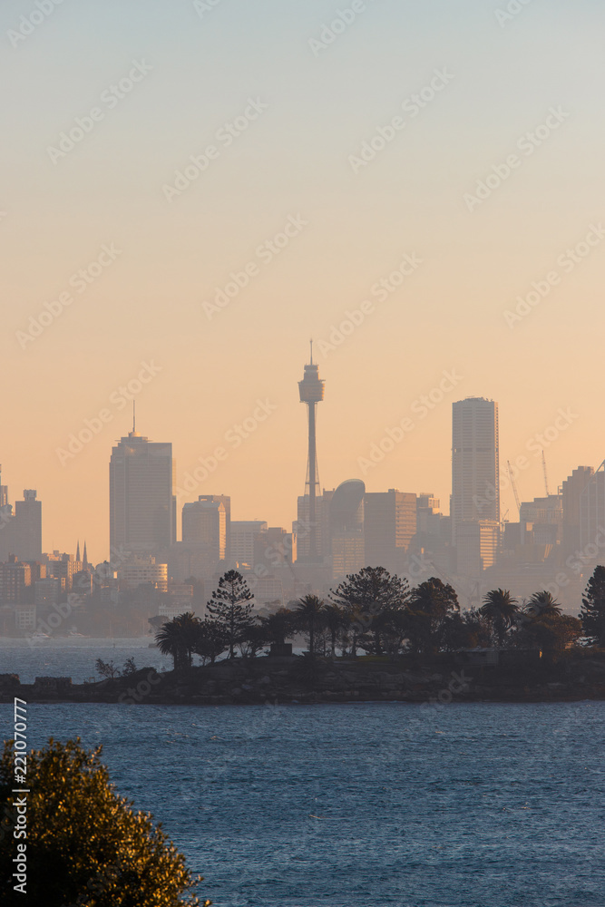 Sydney tower and skyline silhouette during sunset.
