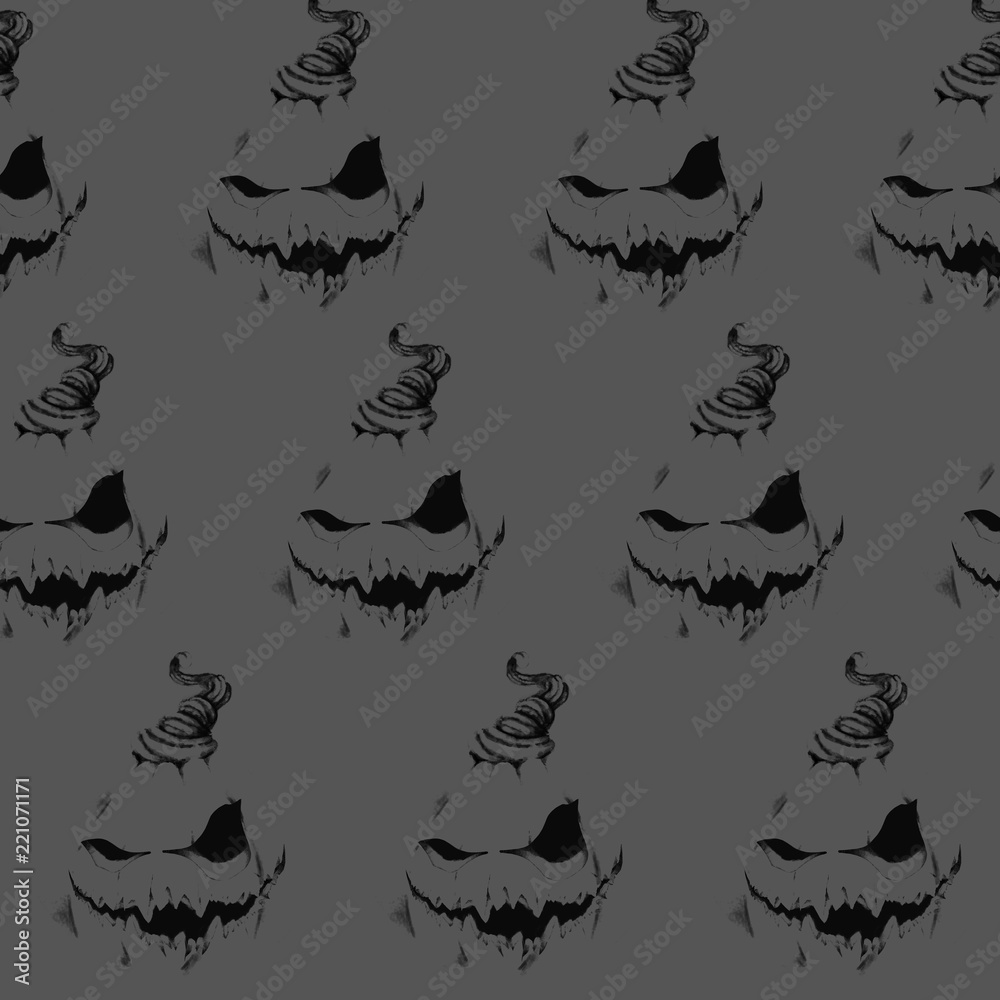 Naklejka premium Sinister black smile on a gray background. Seamless pattern. Halloween. shame and a nightmare. pumpkin