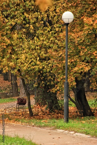 Lonely briefcase and lantern in the autumn city park photo