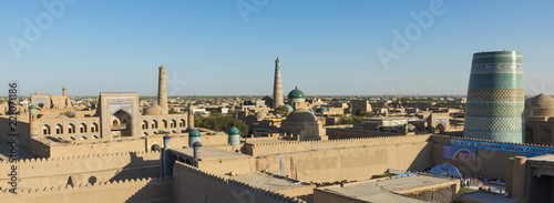 Panoramic view of the main monuments of Khiva, Uzbekistan. UNESCO world heritage site in Central Asia.