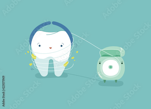 Tooth using dental floss for white teeth, dental vector concept.