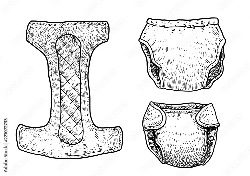 Baby diaper illustration, drawing, engraving, ink, line art, vector