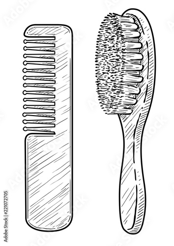 Baby brush, comb, illustration, drawing, engraving, ink, line art, vector