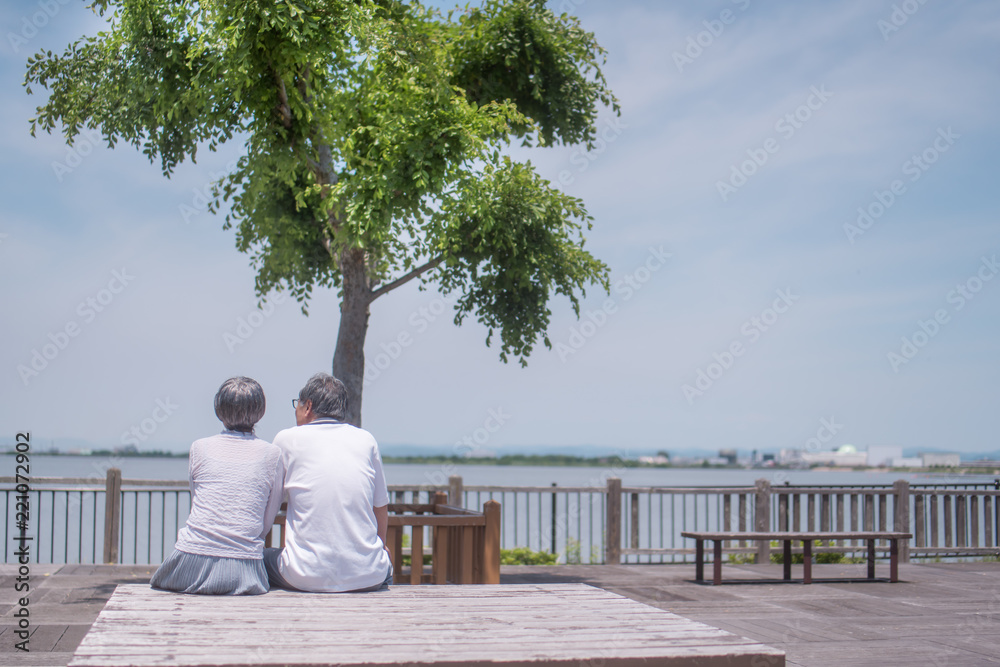 公園のベンチに座るシニア夫婦の後ろ姿 Stock 写真 Adobe Stock