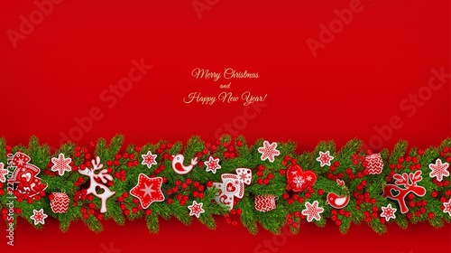 Christmas border of realistic fir branches, holly berries, Scandinavian toys