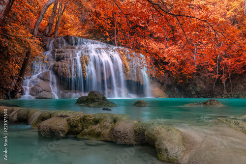 Fototapeta Naklejka Na Ścianę i Meble -  Beautiful waterfall in autumn forest, Kanchanaburi province, Thailand