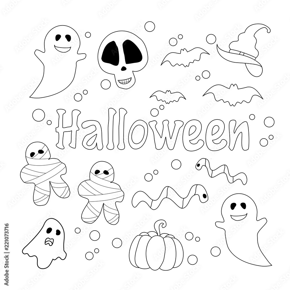 Halloween elements coloring set for adult and kids.Hand drawn.Vector illustration.Doodle style.