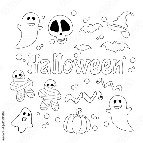 Fototapeta Naklejka Na Ścianę i Meble -  Halloween elements coloring set for adult and kids.Hand drawn.Vector illustration.Doodle style.