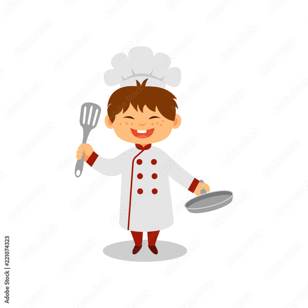 Happy little cook with pan and spatula in hands. Cheerful boy in chef uniform. Dream job. Flat vector design Happy little cook with pan and spatula in hands. Cheerful boy in chef uniform. Dream job. Flat vector design