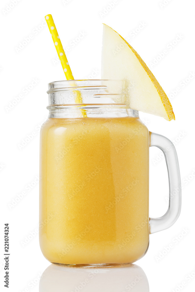 Smoothies in a glass jar, made from pieces of melon, isolated on white background Smoothies in a glass jar, made from pieces of melon, isolated on white background