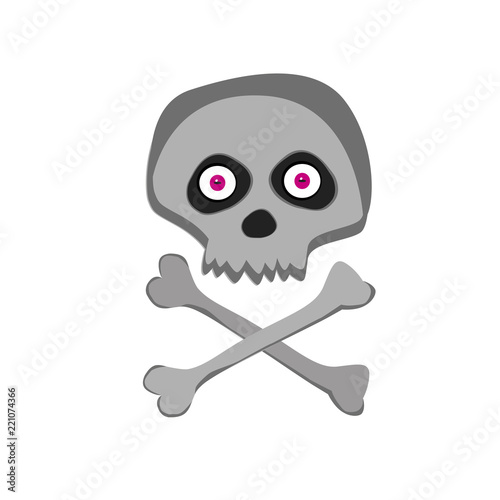 Vector cartoon skeleton scull with pink eyes isolated on white background.