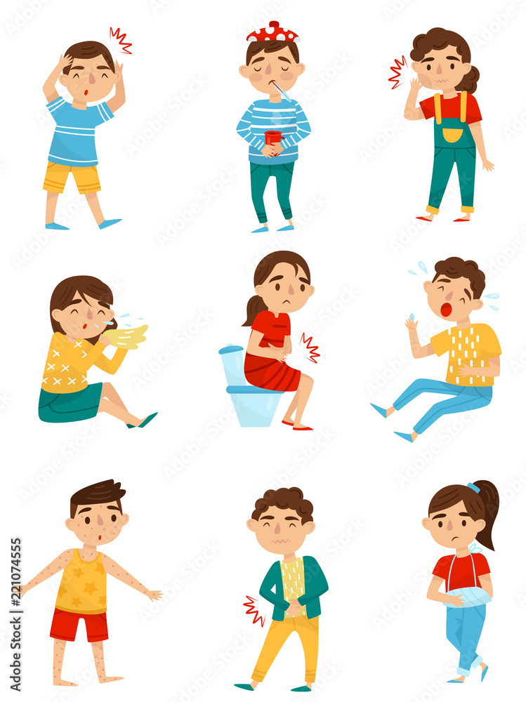 Flat vector set of sick children. Little boys and girls with different sicknesses. Cold, tooth pain, allergy or influenza, stomach ache, broken arm