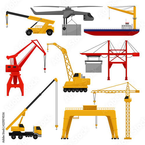 Flat vector of different cranes. Mechanism for lifting and moving of objects. Professional construction and loading machines