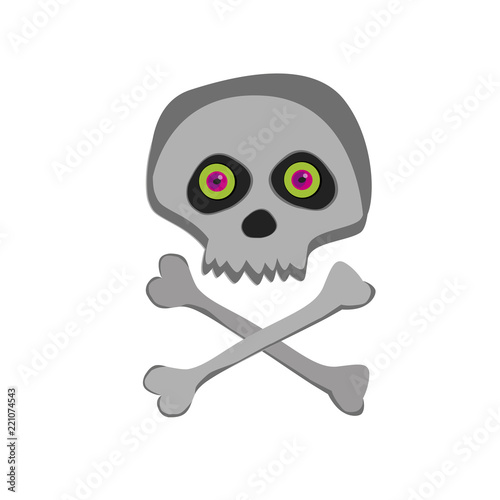 Vector cartoon skeleton scull with pink green eyes isolated on white background.