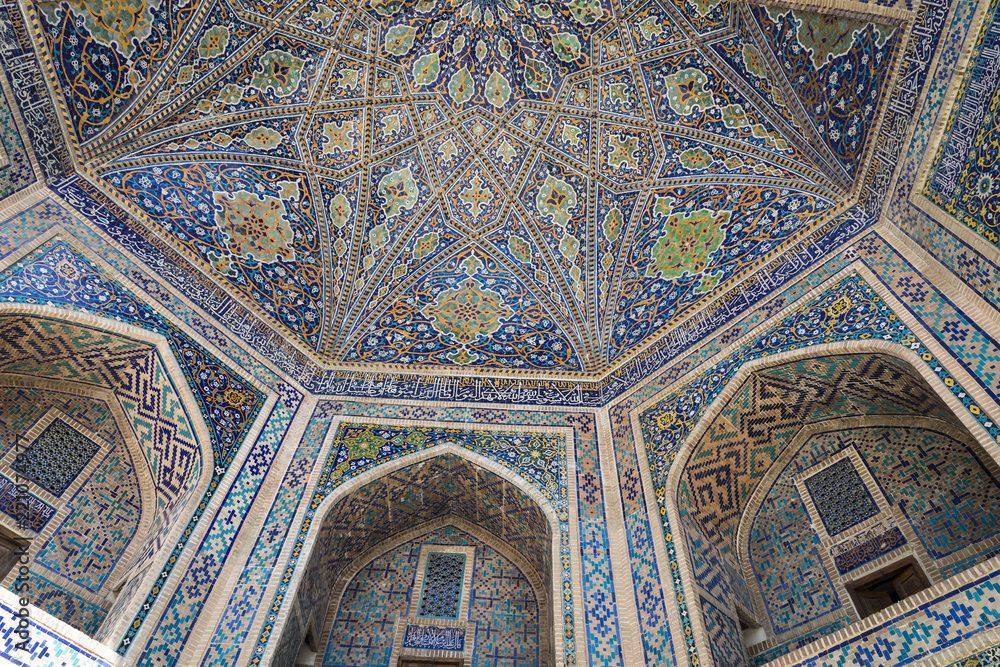 Fragment of Registan Square Mosque and Madrasah complex in Samarkand, Uzbekistan