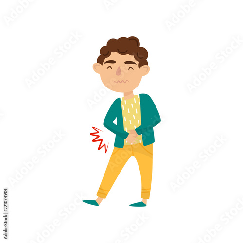 Boy with stomach ache. Cute little kid suffering from pain. Child with health problems. Symptom of disease. Flat vector design