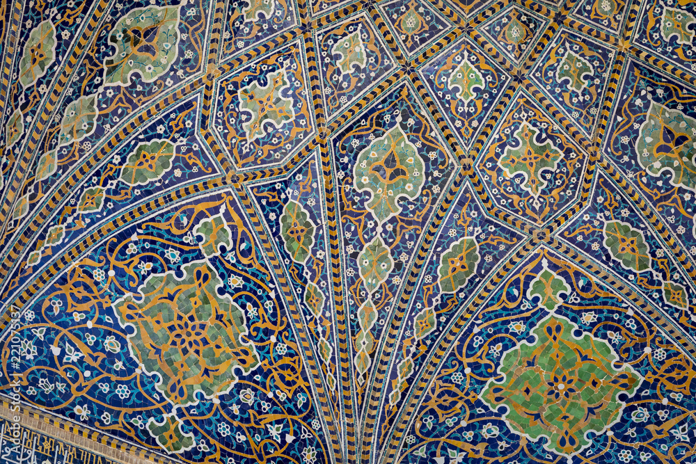 Fragment of Registan Square Mosque and Madrasah complex in Samarkand, Uzbekistan