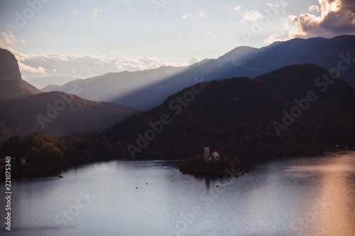Lake Bled  island in the lake at sunrise in autumn or winter
