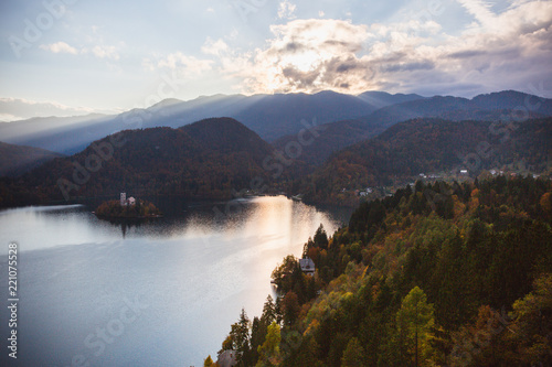 Lake Bled, island in the lake at sunrise in autumn or winter