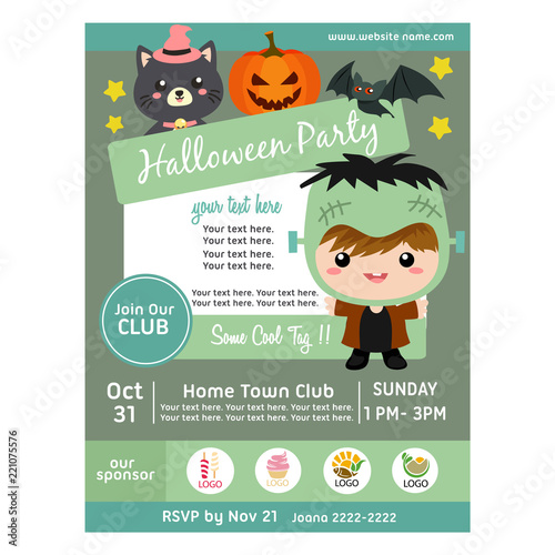 halloween party poster with cartoon frankenstein costume kids