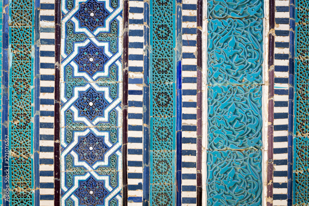Detail of the facade of the historical holy cemetery of Shahi Zinda in Samarkand, Uzbekistan. Detail of the facade of the historical holy cemetery of Shahi Zinda in Samarkand, Uzbekistan.