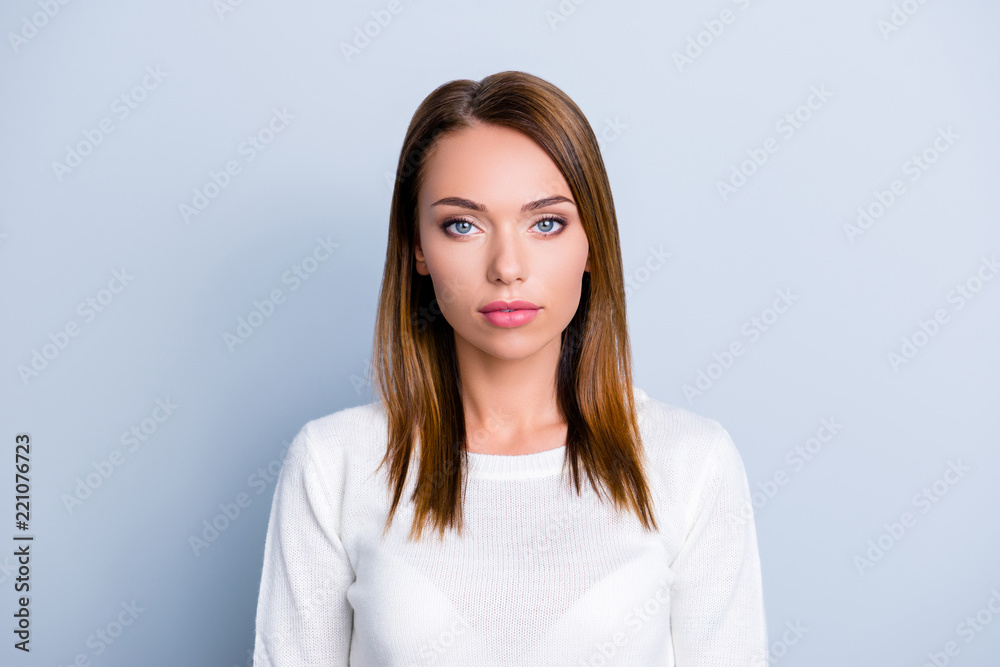 Portrait of pretty trendy woman in white sweater with concentrat Portrait of pretty trendy woman in white sweater with concentrat
