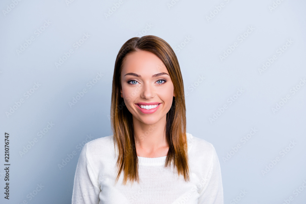 Portrait of nice modern woman in white pullover, short hair with Portrait of nice modern woman in white pullover, short hair with