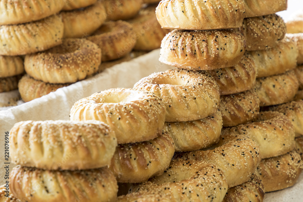 Traditional uzbekistan bread lavash at local bazaar, is a soft flat-bread of Middle Asia (Uzbekistan).