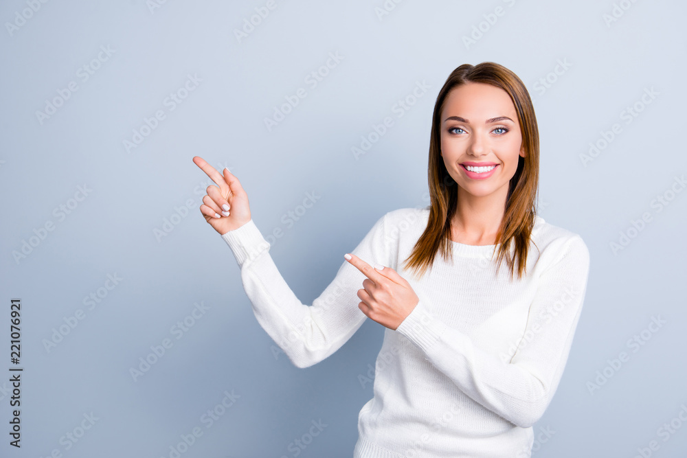 Portrait with copy space of charming pretty woman in white pullo Portrait with copy space of charming pretty woman in white pullo