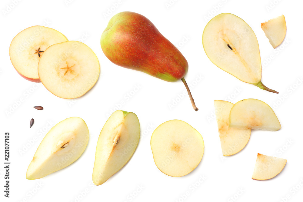 pear with slices isolated on white background. top view pear with slices isolated on white background. top view