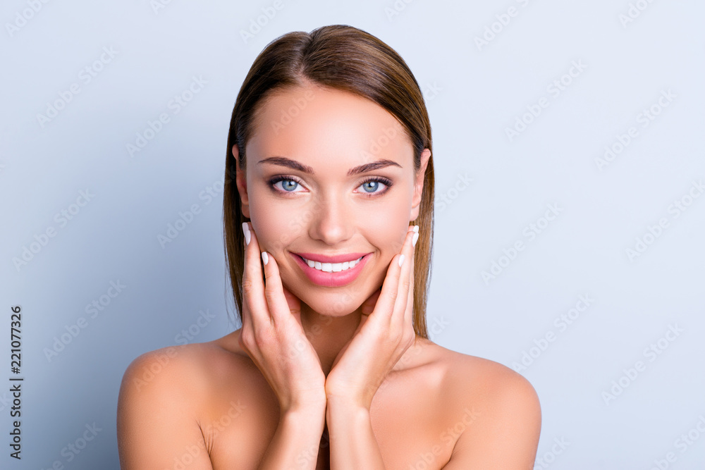 Portrait of cute charming girl demonstrate soft smooth face skin Portrait of cute charming girl demonstrate soft smooth face skin