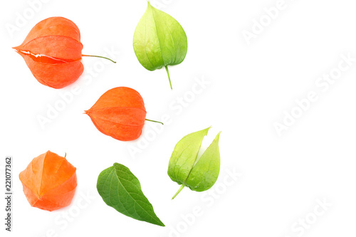 red and green physalis fruit isolated on white background. top view